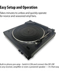Denon Dp29F Fully Automatic Analog Turntable With Built In Phono Stage showing top view, black finish, designed for easy setup and vinyl playback.