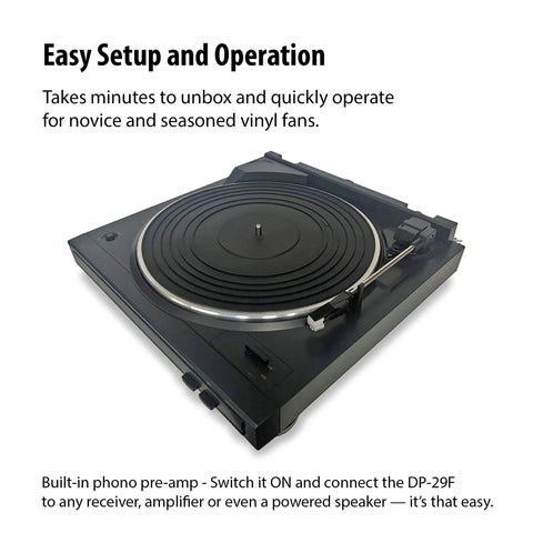 Denon Dp29F Fully Automatic Analog Turntable With Built In Phono Stage showing top view, black finish, designed for easy setup and vinyl playback.