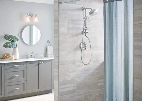 Bathroom with installed Chrome Replacement Handheld Showerhead With Four Function Eco Performance WaterSense Certified Full Spray