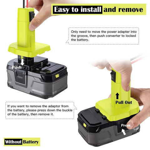 Instruction guide showing installation of 18V Battery Adapter For Power Wheel Conversion Kit with Switch Fuses and Wire Terminals.