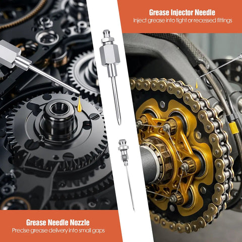 Pro Grade All In One 8 Piece Grease Gun Accessory Kit With Quick Release Coupler shown injecting grease into machinery