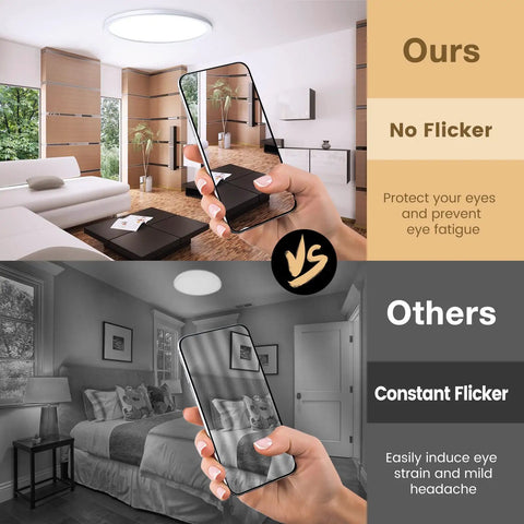 Comparison showing Ultra Slim 12 Inch LED Ceiling Light Panel Flush Mount Dimmable vs other lighting solutions in rooms.