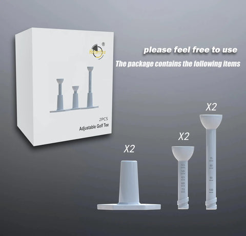 Packaging and two sets of adjustable unbreakable rubber golf tees for mats and practice, range ready for driving range and golf simulators
