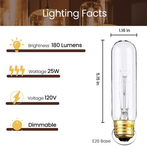 Old School Edison Style T10 Tubular Light Bulb 25W 120V E26 Base Clear Warm White Dimmable Vintage Display Cabinet Lighting Facts