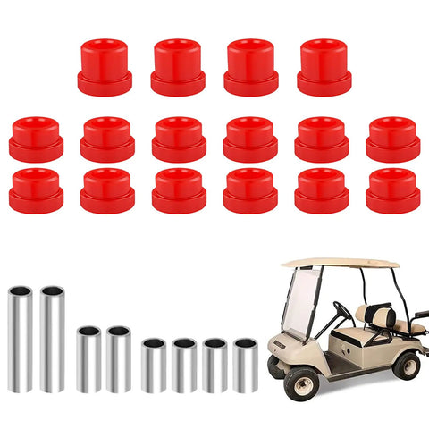 Built Tough Golf Cart Front Lower Leaf Spring And Upper A Arm Bushing Sleeves Kit with red polyurethane bushings and metal sleeves.