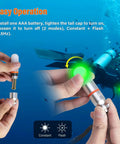 Hands demonstrating SD01PRO Upgraded Bright Dive Signal Light setup against underwater backdrop showing constant and flashing modes.