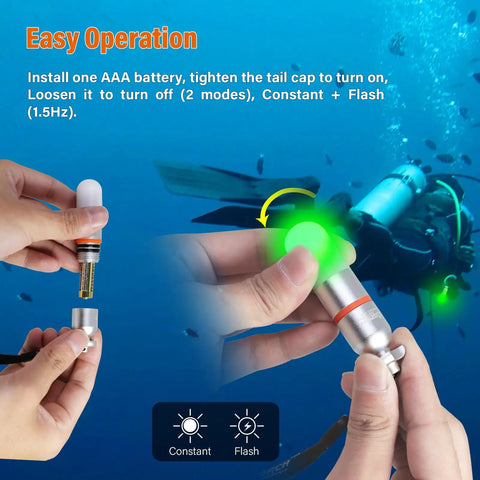 Hands demonstrating SD01PRO Upgraded Bright Dive Signal Light setup against underwater backdrop showing constant and flashing modes.