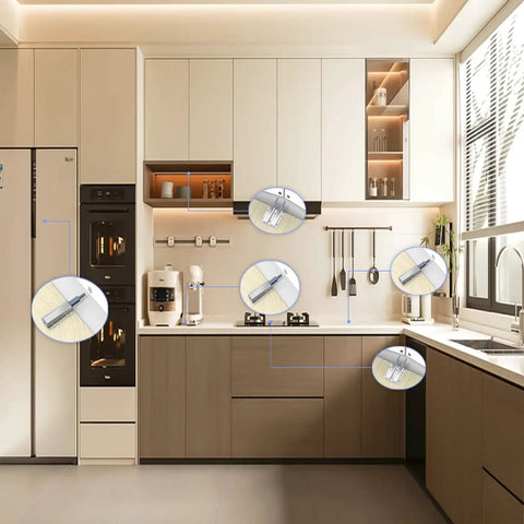 Modern kitchen with cabinets using Push To Open Cabinet Latch Set 12 Pack Magnetic Touch Latches For Hidden Doors No Handles.