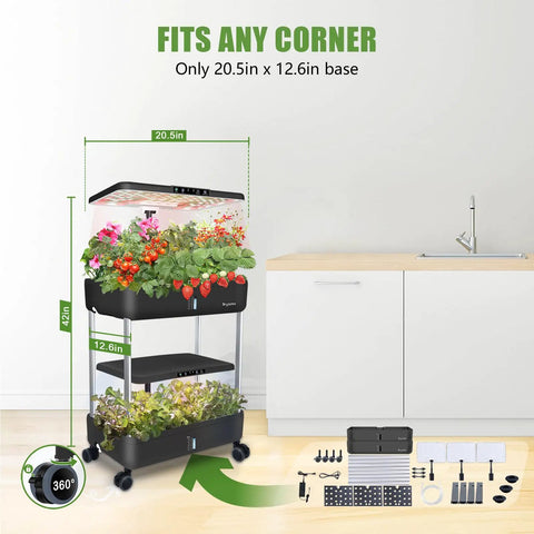 44 Pod Indoor Hydroponic Grow System With Dual 53W Full Spectrum LEDs next to kitchen counter, showing plant growth and parts