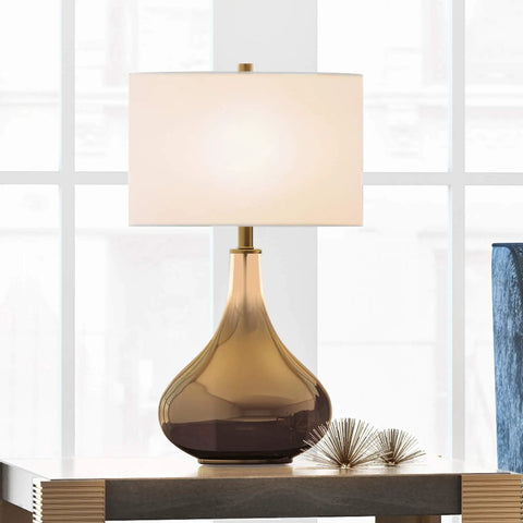 25.5 Inch Tall Table Lamp With White Fabric Shade And Smoked Chrome Glass Base, Sleek Modern Accent Light for living room