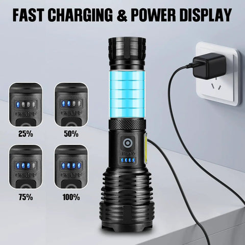 Rechargeable LED Flashlight 2 Pack Ultra Bright 99,000 Lumens Handheld Waterproof with charging indicator by power outlet.
