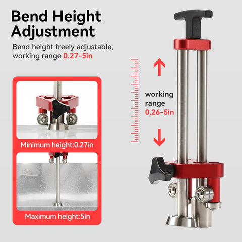 Side view of sheet metal roller 1-station bender with red base, silver guide rods and black handle; bending range 0.27–5 in.