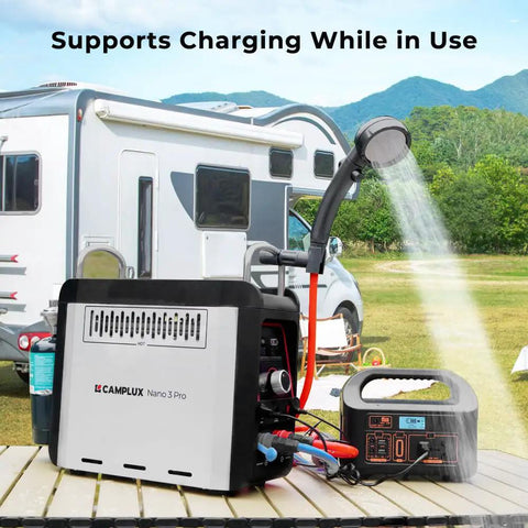 On Demand Propane Portable Water Heater For Camping With Built In Battery Tabletop Hot Shower Pump 20,500 BTU Instant Heat Quick 45 Degree Rise Lightweight 13.7 Lbs Your Go To Outdoor Shower Solution placed outside an RV with shower head in use
