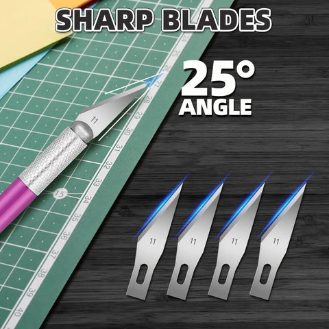 55 Pack Exacto Knife Set with 5 Craft Knives and 50 Precision Blades displayed on cutting mat at 25-degree angle