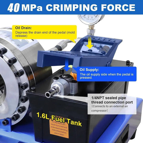BEESOM Industrial Electric Pipe Crimping Machine showcasing oil supply and drain system details with 1.6L fuel tank.