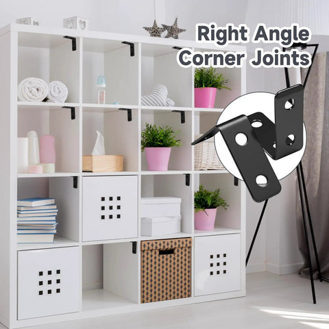 Kickass Heavy Duty Black L Corner Brackets Built To Last With Rust Resistant Coating For Hardcore DIY Woodworking And Renovation Projects Includes Screws Pack with right angle joints in a modern shelving unit.