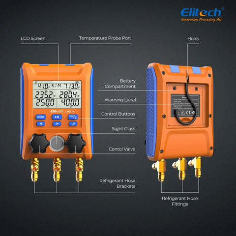 Digital HVAC Manifold Kit With Hoses And R410A Adapter, Pro Grade Pressure And Vacuum Tester For Quick Readouts, Leak Detection, And Accurate Diagnostics, Budget Friendly Tool For Technicians And DIYers; orange digital unit front and back