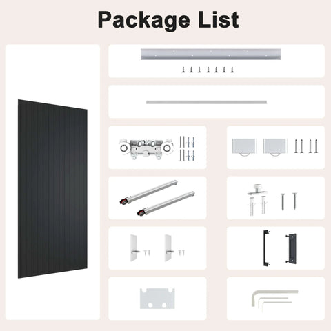 Package contents of Concealed Sliding Barn Door With Soft Close For Interior Use, Black Vinyl Wrapped Hidden Barn Door, 30x84 Inches.