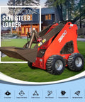 Compact Skid Steer Loader with gas engine and bucket displayed on grass, showcasing stand-on design for digging and landscaping tasks.