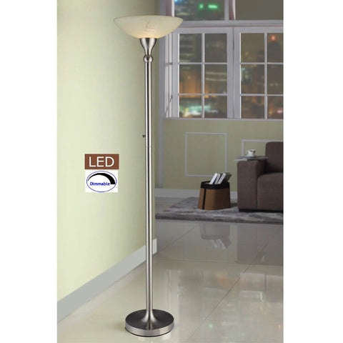 LED Torchiere Floor Lamp With Hand Painted Alabaster Shade Dimmer And Satin Nickel Finish Tall 71 Inch Steel Stand Built Like A Tank Sturdy Weighted Base For Living Room Office And Bedroom Lighting Vibe in living room.