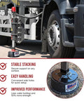 Tough As Nails USA Built Heavy Duty Round Trailer Leveling Blocks For RV Camper And Fifth Wheels UV Resistant Recycled Plastic Jack Pads Handle Up To Ten Thousand LBS Rock Stable Setup under truck for secure support.