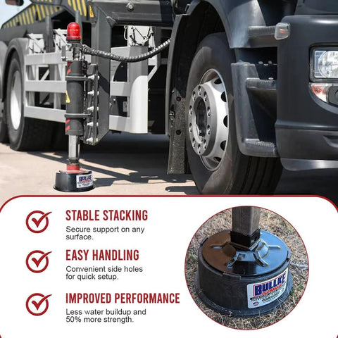 Tough As Nails USA Built Heavy Duty Round Trailer Leveling Blocks For RV Camper And Fifth Wheels UV Resistant Recycled Plastic Jack Pads Handle Up To Ten Thousand LBS Rock Stable Setup under truck for secure support.