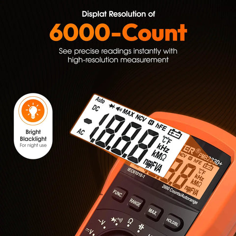 Auto Ranging Digital Multimeter For Grounding Tests On Sheets And Mats With No Guesswork Grounding Guide Carrying Case User Manual Large Backlit LCD And Easy Continuity Testing showing 6000-count display and bright backlight
