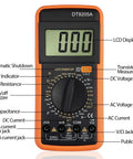 Handheld Digital Multimeter with Three and a Half Digit Display, labeled features, orange silicone protective case