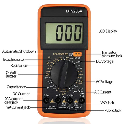 Handheld Digital Multimeter with Three and a Half Digit Display, labeled features, orange silicone protective case