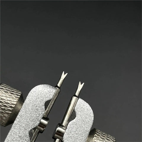 Watch Repair Kit 6pcs Aluminum Alloy Tools Set with V shaped polished tips for band pins in close-up view.