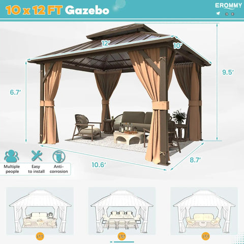 10 Foot By 12 Foot Hardtop Gazebo With Aluminum Frame And Galvanized Steel Double Roof Built Tough For Snow And Wind Heavy Duty Outdoor Pavilion With Curtains And Netting For Patio Lawn Or Deck