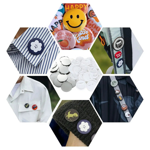 Collage of badges created with 800 Piece Button Maker Supplies Kit For DIY Badge Makin Round 32mm 1.25 Inch Badges