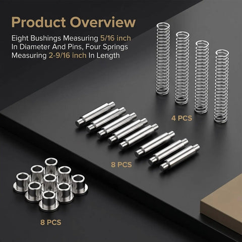 4 Pack Storm Door Hinge Replacement Kit with aluminum springs, pins, and bushings on dark surface, product overview.