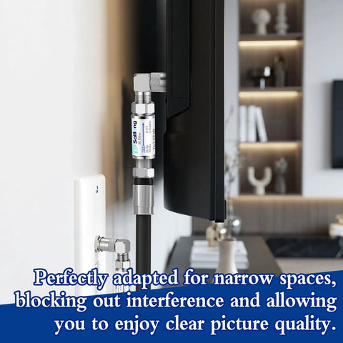 2 Pack LTE Filter For TV Antenna With Right Angle F Connector installed behind TV, blocking 4G 5G interference for clear reception