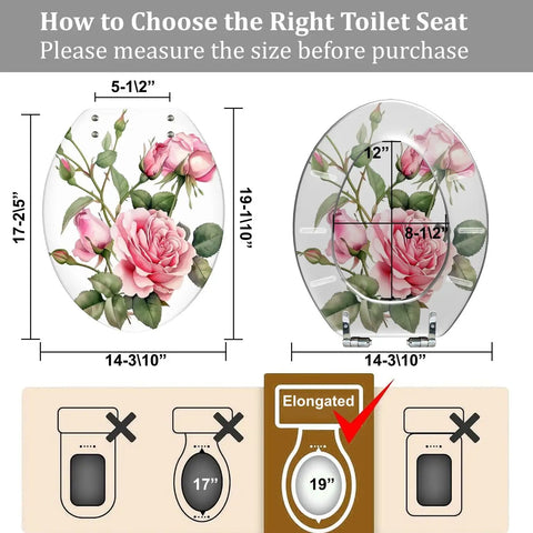 Elongated Resin Toilet Seat for Bathroom dimensions illustration with floral design, showing 19" length and measuring guide.