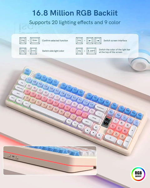 Pink Creamy Ultimate Mechanical Keyboard With Integrated Display Screen Tri Mode Hot Swappable Switches Wireless 98 Layout Gaming Board For True Dope Rigs featuring RGB backlit keys and adjustable side light.