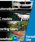 Image showing versatile applications of the 110V Plastic Welder Kit With LED Lights And 200 Hot Staples Pliers for automotive, RC models, sporting gears, and household use.