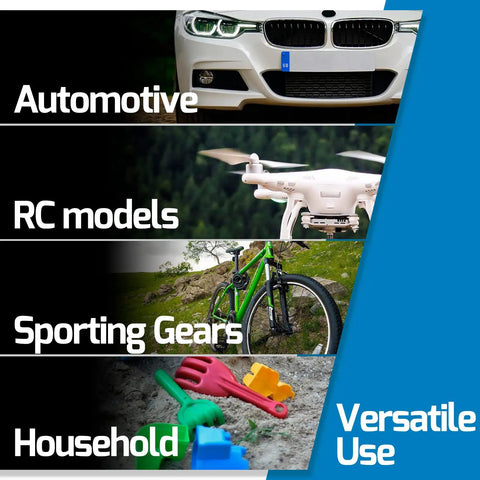 Image showing versatile applications of the 110V Plastic Welder Kit With LED Lights And 200 Hot Staples Pliers for automotive, RC models, sporting gears, and household use.