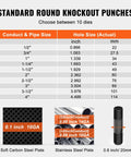 Measurement chart for 15 Ton Hydraulic Knockout Punch Kit with 10 Punches and Dies, showing conduct and pipe sizes.