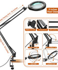 Real Glass 5 Inch Magnifying Glass With LED Light And Stand, 5 Color Modes Stepless Dimmable, Dual 16 Inch Swivel Arm LED Clamp Desk Lamp