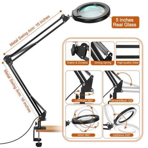 Real Glass 5 Inch Magnifying Glass With LED Light And Stand, 5 Color Modes Stepless Dimmable, Dual 16 Inch Swivel Arm LED Clamp Desk Lamp
