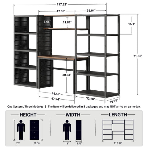 Modular Garage Storage System With Workbench And Pegboard Shelving, 117-Inch Heavy-Duty Steel Organizer dimensions illustration