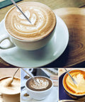 Four images of latte art in cups with frothing designs, showcasing precise and intricate foam patterns using a latte art pen.