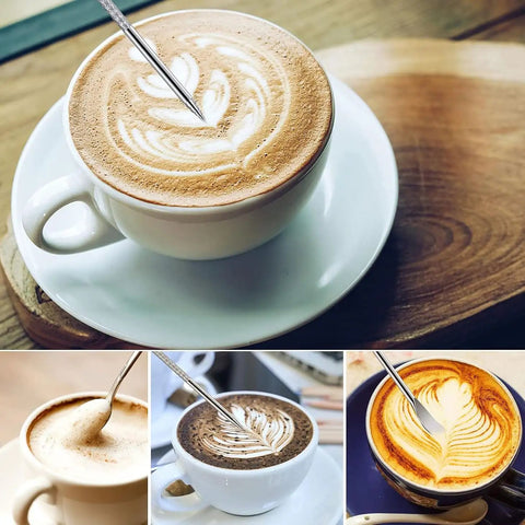 Four images of latte art in cups with frothing designs, showcasing precise and intricate foam patterns using a latte art pen.