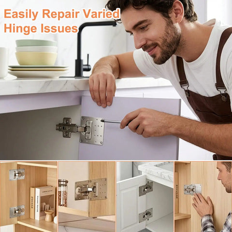 Man using 20 Piece Cabinet Hinge Repair Plate Kit Stainless Steel Door Hinge Mounting Plate to fix kitchen cabinet.