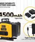 4D Green Beam Laser Level With Tripod For Easy Room Layouts, Four 360 Degree Lines With 90 Degree Cross, Self Leveling, Rotatable Window, Includes Two 4500mAh Batteries, Perfect For Picture Hanging, Tiling, Ceilings, And Home Renovation., 4500mAh battery pack and Type-C charger
