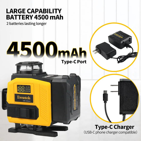 4D Green Beam Laser Level With Tripod For Easy Room Layouts, Four 360 Degree Lines With 90 Degree Cross, Self Leveling, Rotatable Window, Includes Two 4500mAh Batteries, Perfect For Picture Hanging, Tiling, Ceilings, And Home Renovation., 4500mAh battery pack and Type-C charger