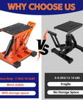 Comparison of Beefy Heavy Duty Hydraulic Dirt Bike Lift Stand With Tool Trays and a standard dirt bike lift stand.