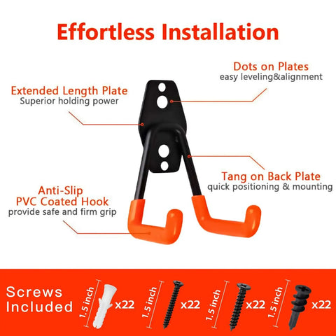 12 Pack Heavy Duty Garage Wall Hooks With Extension Cord Straps, dual orange hooks with anti-slip PVC coating and included screws