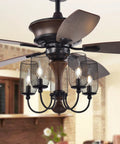 HomeStock Slatin 52" Black Ceiling Fan with Faux Wood Accents and Chandelier Lighting detail view showing six light fixtures.